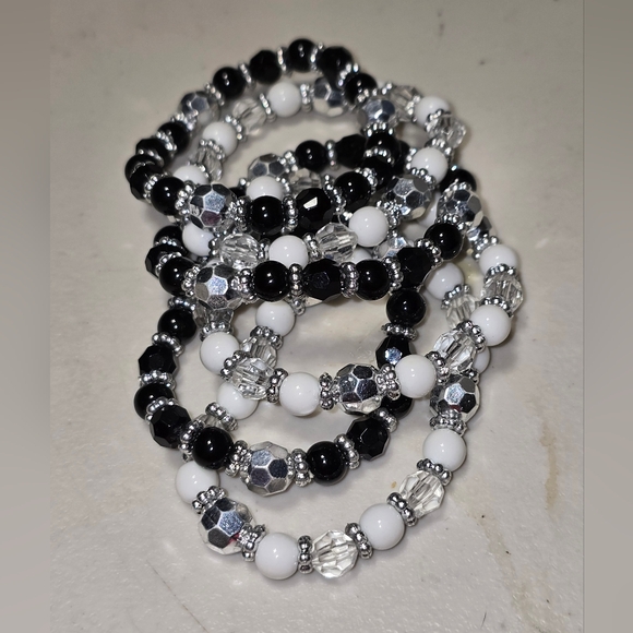 6 Handmade Black White and Clear Stretchy Beaded Bracelet - Picture 2 of 5